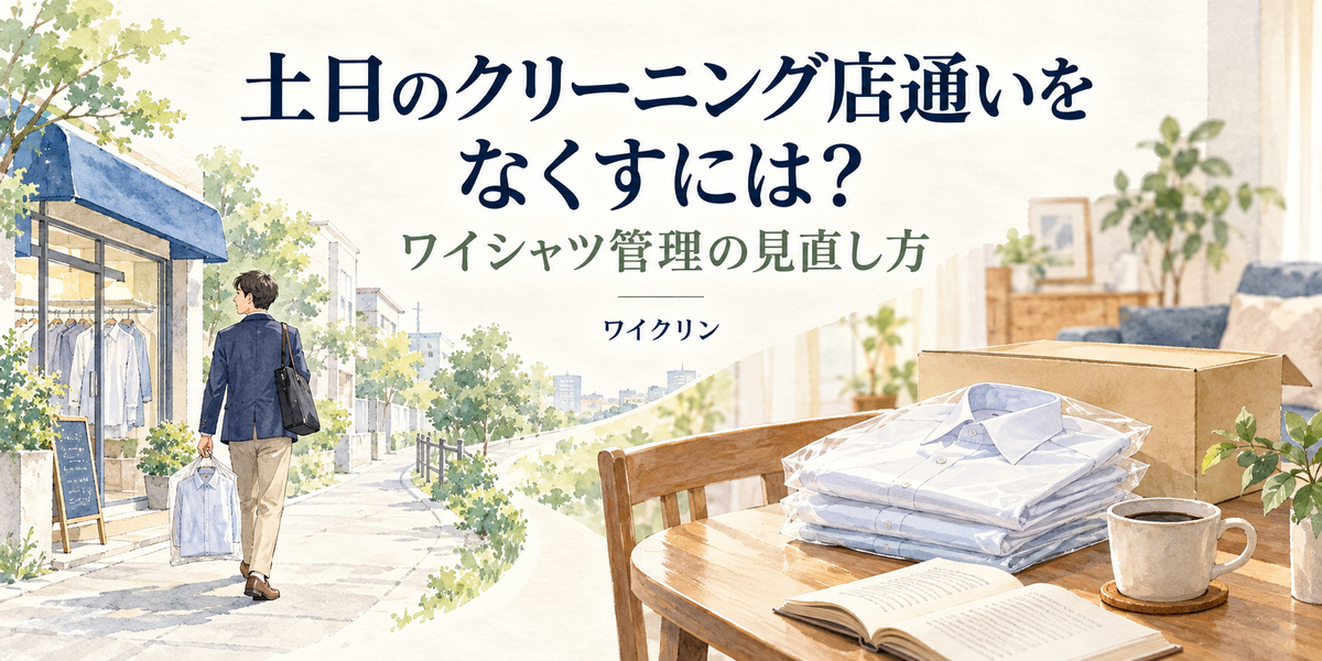 土日のクリーニング店通いをなくすには。店舗へシャツを運ぶ場面と、自宅で受け取ったシャツを描いた、ワイシャツ管理の見直し方のイラスト。